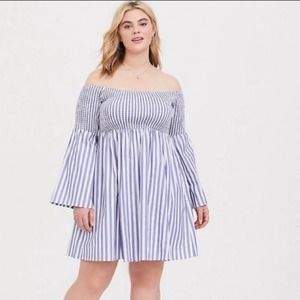 Torrid Blue Striped Off the shoulder skater dress